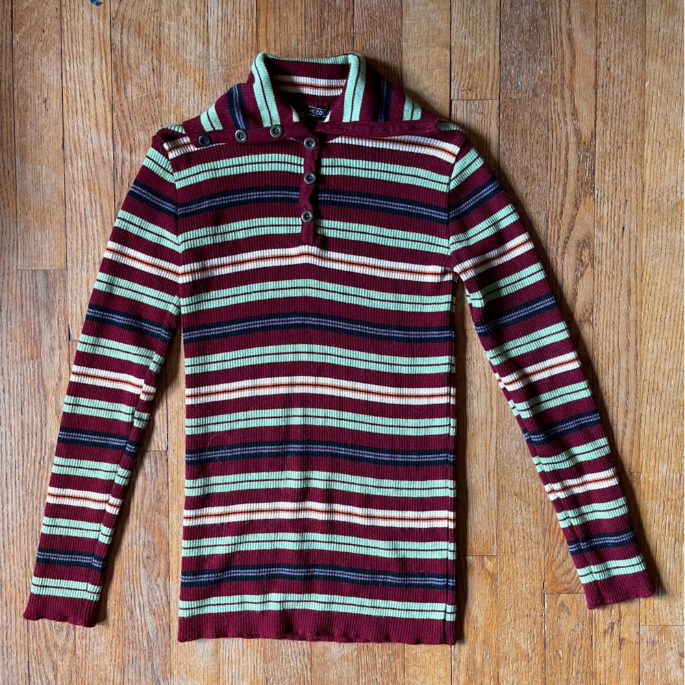 90s Y2K Kookai Ribbed Knit Striped Long Sleeve Maroon Green Yellow shirt XS/S